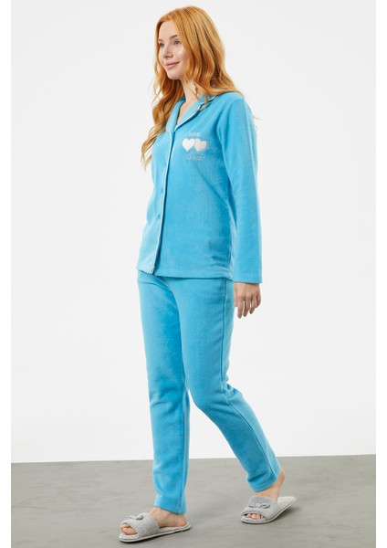 Gömlek Yaka Düğmeli Polar Pijama Takım - Mavi