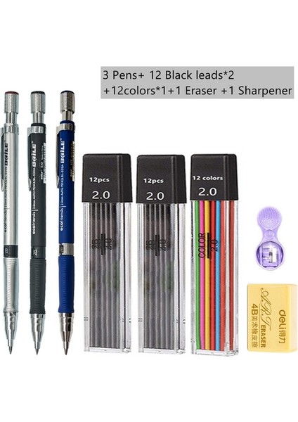 Karışık Renk Seti B Mekanik Kurşun Kalem Seti 2,0 mm 2b Siyah/renkli Kurşun Dolum Yazma Eskiz Sanat Çizim Boyama Okul Otomatik Kalem (Yurt Dışından)