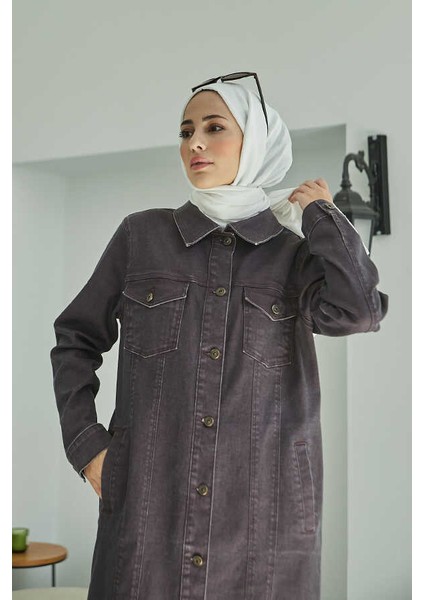 6373 -Denim Uzun Ceket Bordo