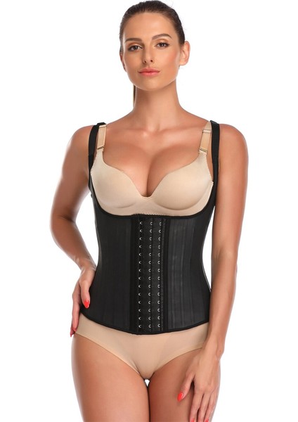 Dr.fitto Latex Çelik Balenli Kopçalı Vücut Şekillendirici Askılı Tip Korse Siyah DR301