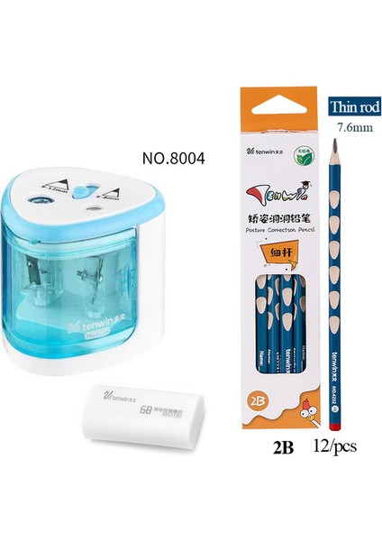 8004BLUE-12-2BTHIN6B Tenwin 8004 Elektrikli Kalemtıraş Duruş Düzeltme Kalemleri Hb/2b Kırtasiye Iki Delikli Anahtar Otomatik Kalemtıraş (Yurt Dışından)