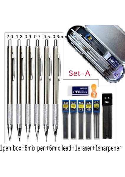 Gösterisi Olarak Set A Yeni 0.3 0.5 0.7 0.9 1.3 2.0mm Metal Mekanik Kurşun Kalem Kutusu Kurşun Silgi Kalemtıraş Seti Öğrenci Boyama Kırtasiye (Yurt Dışından)