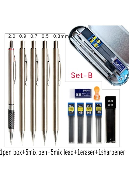 Gösterisi Olarak Set A Yeni 0.3 0.5 0.7 0.9 1.3 2.0mm Metal Mekanik Kurşun Kalem Kutusu Kurşun Silgi Kalemtıraş Seti Öğrenci Boyama Kırtasiye (Yurt Dışından)