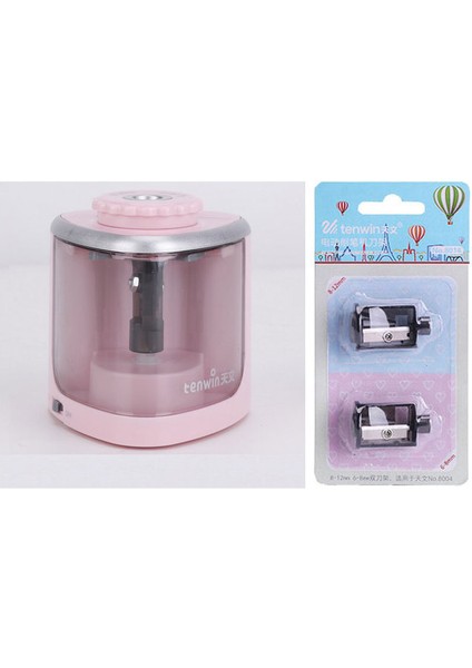 Pembe ve 2 Adet Bıçak Sevimli Okul Malzemeleri Otomatik Bileme Elektrikli Kalemtıraş 6-12MM Kalemler ve Renkli Kalemler Için Iki Çift Delik Anahtarı (Yurt Dışından)