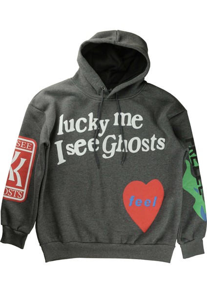 Lucky Me I See Ghosts Kanye Baskılı Kapüşonlu Oversize Sweatshirt