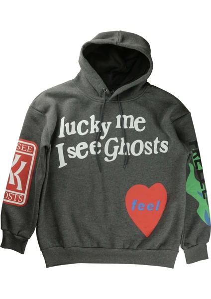 Black Horn Lucky Me I See Ghosts Kanye Baskılı Kapüşonlu Oversize Sweatshirt