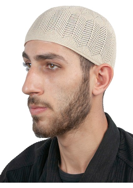 Safir Ince Örme Dantel Namaz Takkesi Krem 1 Adet