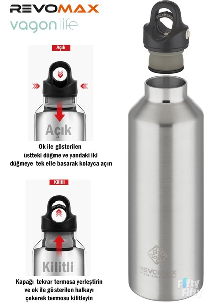 Revomax 950 ml Büyük Kapasiteli Özel Kapak Sistemli 18SAAT Sıcak/36 Saat Soğuk Çelik Termos -950ML