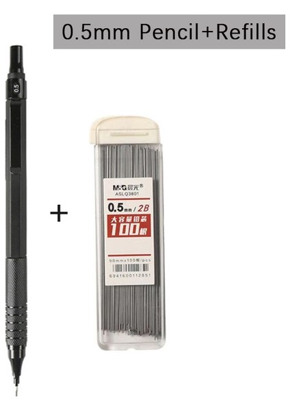 0.5mm Set-Siyah Mg Metal Mekanik Kurşun Kalem Seti Yedekli Siyah Gümüş 0.3,0.5,0.7,0.9mm Sanat Çizim Kroki 2b Kalemler Öğrenci Yazma Araçları (Yurt Dışından)