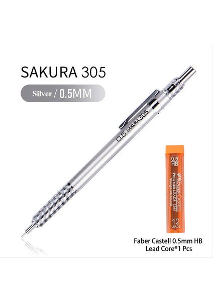 0.5mm Gümüş-Hb Kurşun Metal Kabuk Yazma Otomatik Mekanik Kurşun Kalem 0.3/0.5mm Grafit Çizim Ofis Malzemeleri Sanat Kırtasiye XS-303/305 Sakura (Yurt Dışından)