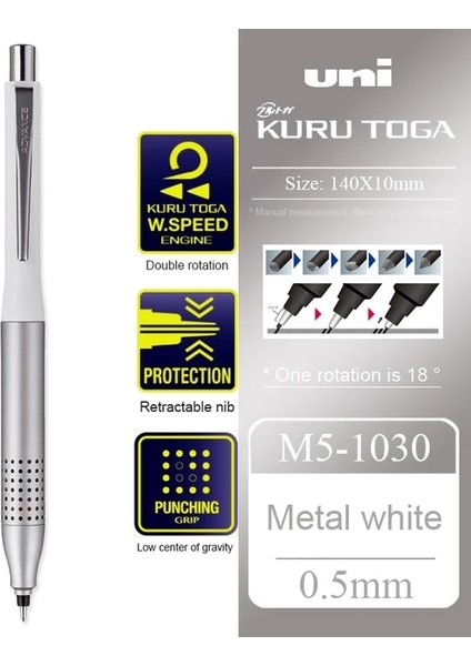 Metal Beyaz Unı Kuru Toga Mekanik Kurşun Kalem M5-1030 Sınırlı Metal Düşük Merkezi Yerçekimi Otomatik Dönen Çizim Kalemi 0.5mm Okul Malzemeleri (Yurt Dışından)