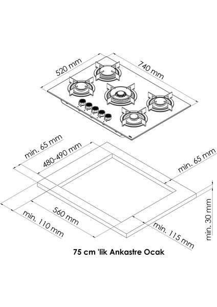 Bask 75 cm 5 Göz Gri Wok Cam Ankastre Ocak