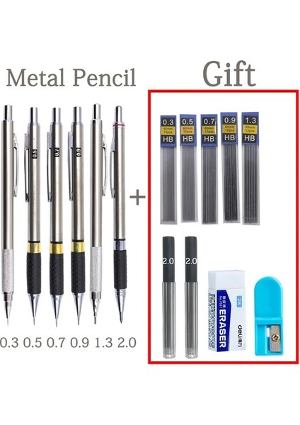 Set D Metal Otomatik Mekanik Metal Kalem 0.3 0.5 0.7 0.9 1.3 2.0 mm Siyah Kurşun 12 Renk Dolum Sanat Resim Öğrenci Yazma Kaymaz Kılıf (Yurt Dışından)