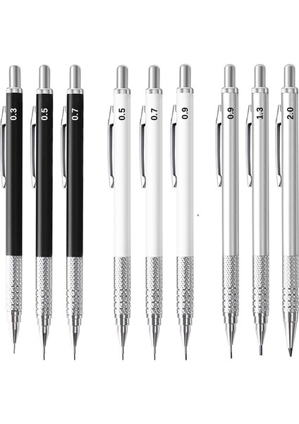 0.7mm Beyaz Yeni Tam Metal Mekanik Kurşun Kalem 0.3 0.5 0.7 0.9 1.3 2.0mm Siyah Gümüş 2b Sanat Boyama Eskiz Kalemler Ofis Okul Malzemeleri (Yurt Dışından)