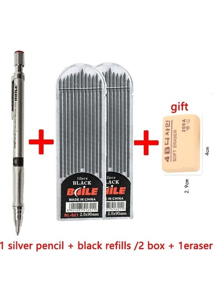 1gümüş KALEM2SIYAH 2.0mm Mekanik Kurşun Kalem Siyah/renkli Dolum Seti Öğrenci Sınavı Için Silgili Boya Kartı Okul Malzemeleri Kırtasiye 2b Toksik Olmayan (Yurt Dışından)