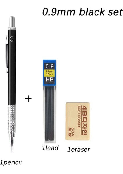 0.9mm Bkack Seti Kawaii Sanat Boyama Mekanik Kurşunkalemler 0.3 0.5 0.7 0.9 1.3 2.0mm Çizim Kalem Seti Siyah Gümüş Metal Kalem Sevimli Okul Malzemeleri (Yurt Dışından)