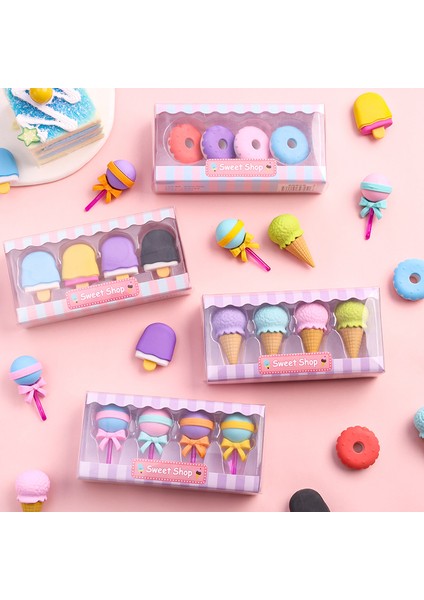 Stil 1 4 Adet Yummy Tatlı Silgi Seti Mini Lolipop Dondurma Popsicle Donuts Çocuklar Için Kauçuk Kalem Silgisi Okul Öğrenci Ödülü Silgi (Yurt Dışından)