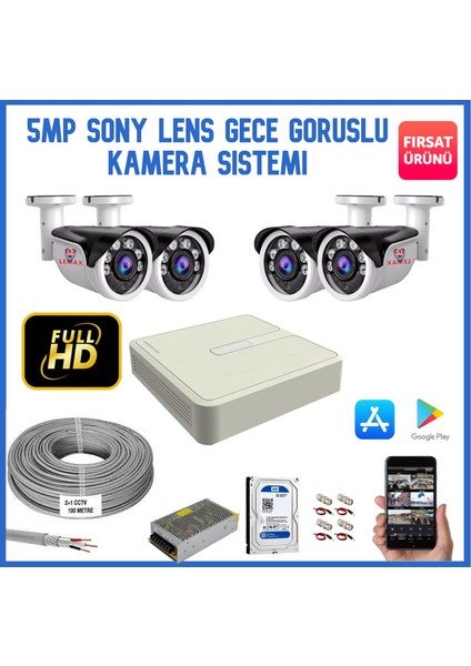 4 Kameralı 5 Mp Sony Lens Gece Görüşlü, Dış Mekan Ahd Güvenlik Kamerası Sistemi