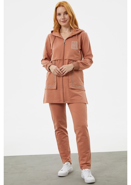 Kapüşonlu Biye Detaylı Fermuarlı Eşofman Takımı - Somon