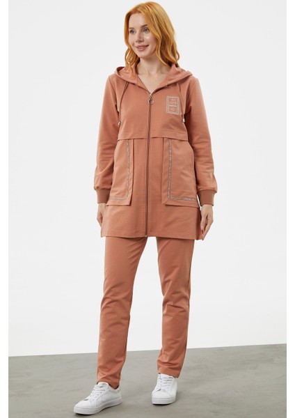 Kapüşonlu Biye Detaylı Fermuarlı Eşofman Takımı - Somon fiyatları