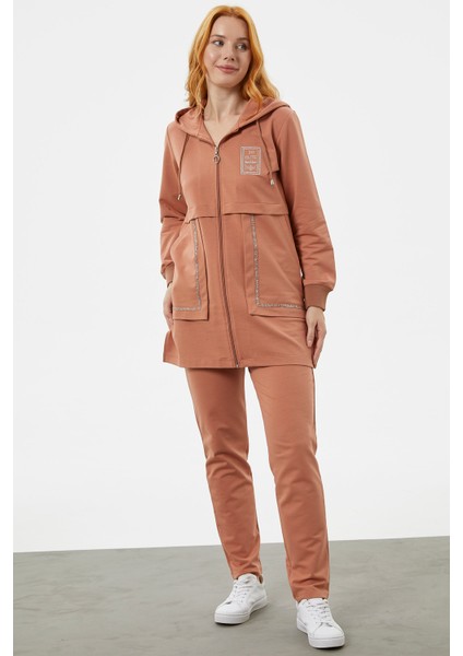 Kapüşonlu Biye Detaylı Fermuarlı Eşofman Takımı - Somon modelleri