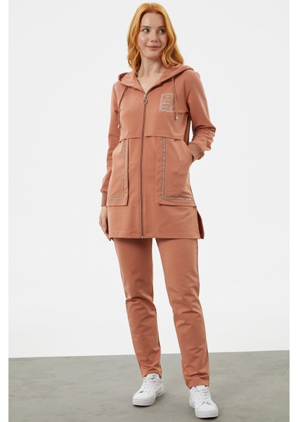 Kapüşonlu Biye Detaylı Fermuarlı Eşofman Takımı - Somon fırsatları