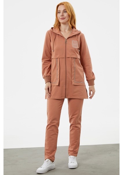 Kapüşonlu Biye Detaylı Fermuarlı Eşofman Takımı - Somon indirimleri