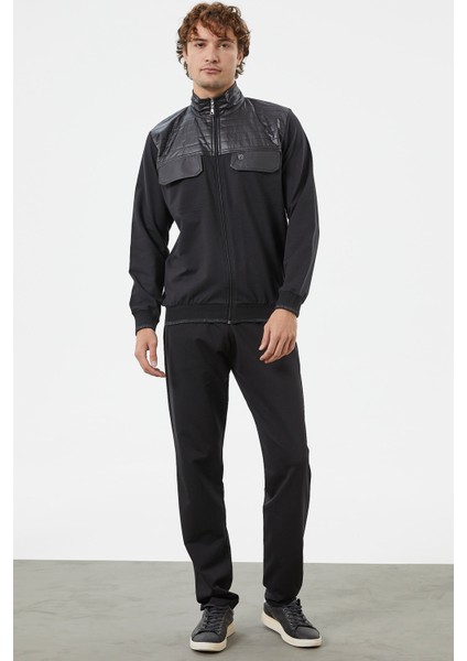 Kapitone Dik Yaka Fermuarlı Eşofman Takım - Siyah