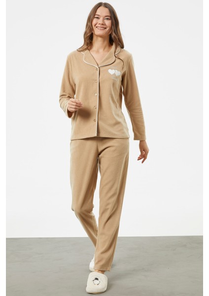 Gömlek Yaka Düğmeli Polar Pijama Takım - Kamel modelleri