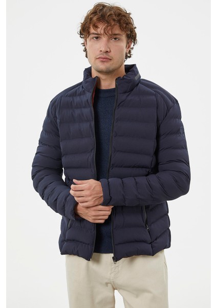 Kapitone Dik Yaka Kısa Mont - Lacivert