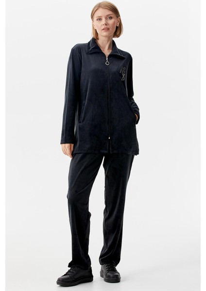 Geniş Kalıp Kadife Tunik Eşofman Takım - Siyah