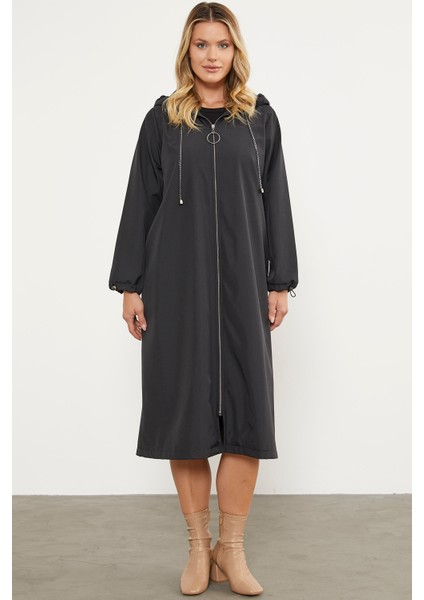 Kapüşonlu Fermuarlı Uzun Trençkot - Siyah