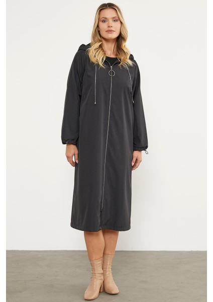 Kapüşonlu Fermuarlı Uzun Trençkot - Siyah fiyatları