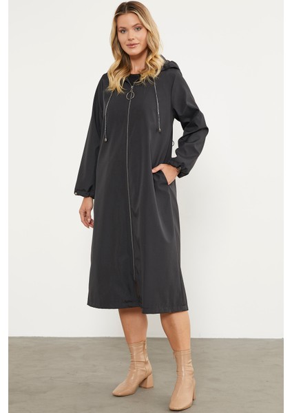 Kapüşonlu Fermuarlı Uzun Trençkot - Siyah modelleri