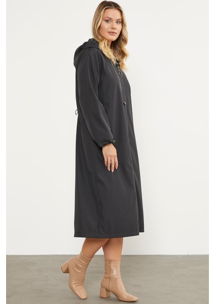 Kapüşonlu Fermuarlı Uzun Trençkot - Siyah fırsatları