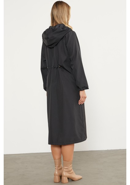 Kapüşonlu Fermuarlı Uzun Trençkot - Siyah indirimleri