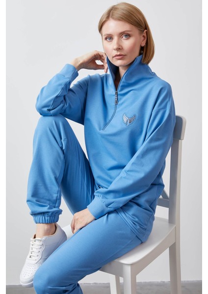 Dik Yaka Yarım Fermuarlı Eşofman Takım - Mavi modelleri