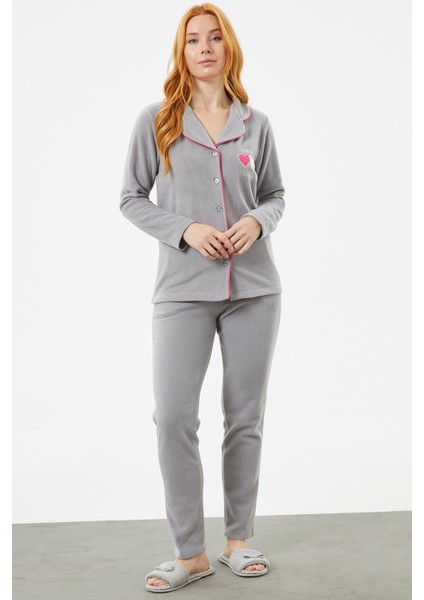 Gömlek Yaka Düğmeli Polar Pijama Takım - Gri