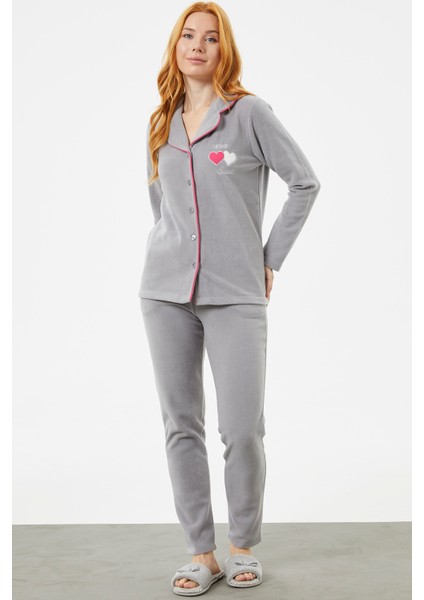 Gömlek Yaka Düğmeli Polar Pijama Takım - Gri