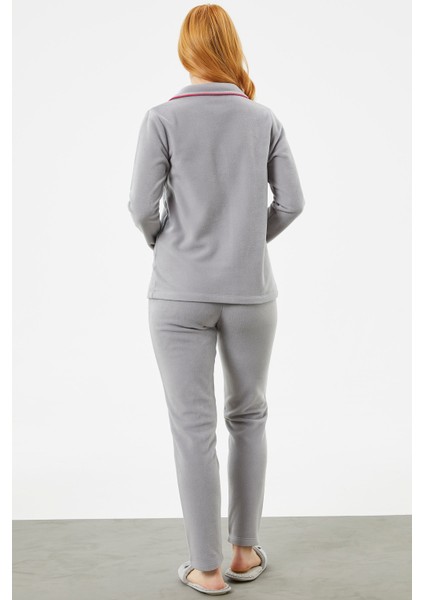 Gömlek Yaka Düğmeli Polar Pijama Takım - Gri