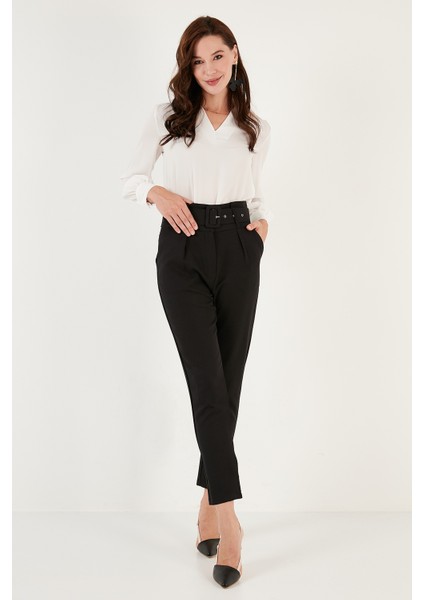 Yüksek Bel Cepli Kemerli Regular Fit Kumaş Pantolon Bayan Pantolon 611PL04