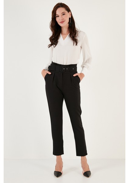 Yüksek Bel Cepli Kemerli Regular Fit Kumaş Pantolon Bayan Pantolon 611PL04