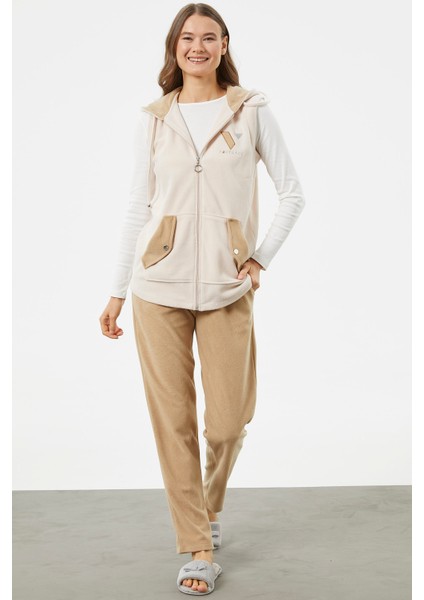 Yelekli Çift Renk Polar Eşofman Takım - Kamel