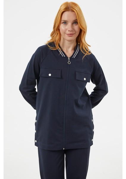 Örme Yaka Fermuarlı Tunik Eşofman Takım - Lacivert fırsatları