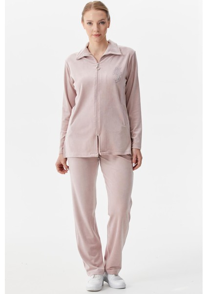 Geniş Kalıp Kadife Tunik Eşofman Takım - Pudra