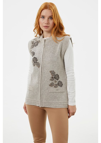 Fermuarlı Çiçek Motifli Triko Yelek - Vizon