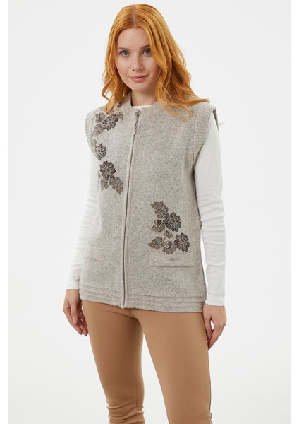 Fermuarlı Çiçek Motifli Triko Yelek - Vizon fırsatları