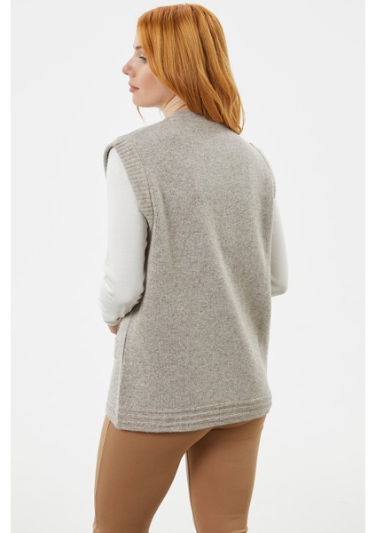 Fermuarlı Çiçek Motifli Triko Yelek - Vizon indirimleri