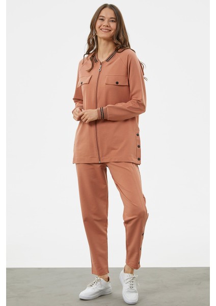 Örme Yaka Fermuarlı Tunik Eşofman Takım - Somon modelleri