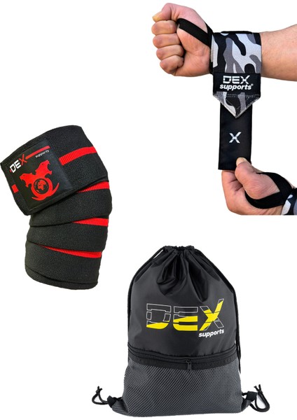 Dex Supports Spor Bileklik Wraps+Diz Bandajı Knee Wraps+ Sackpack 3'lü Set